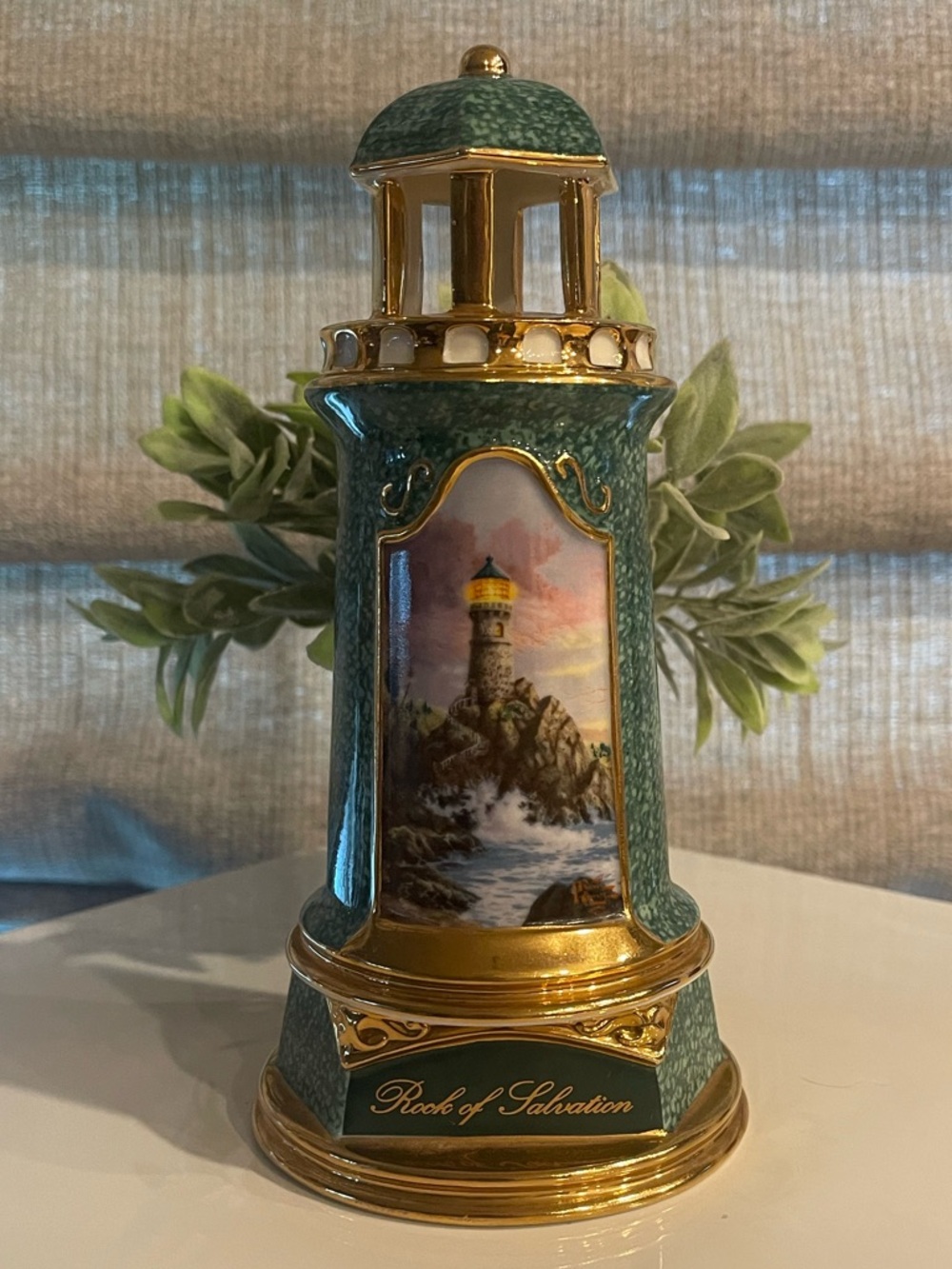 Thomas Kinkade Green and Gold Lighthouse  - Rock of Salvation 2004